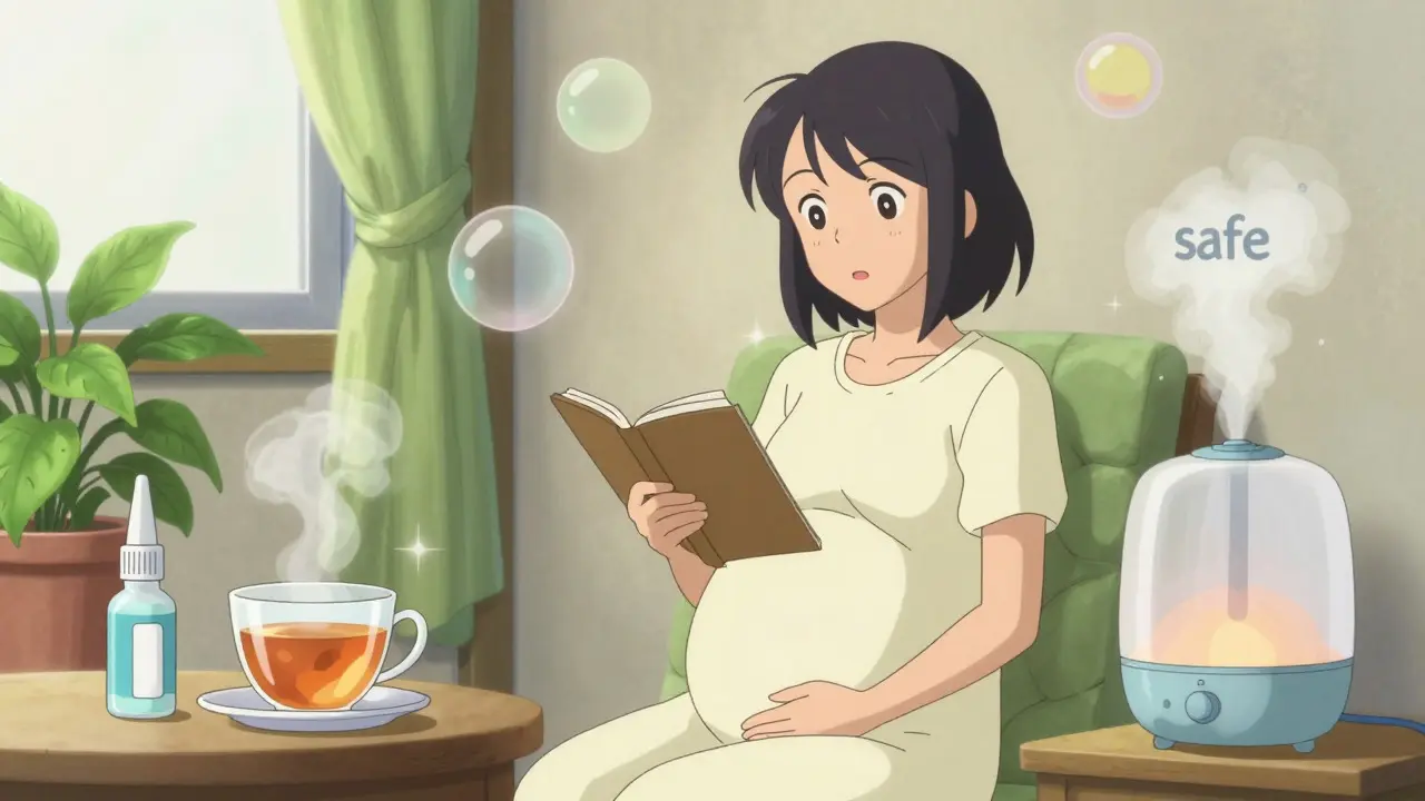Calm pregnant woman surrounded by safe natural remedies and humidifiers