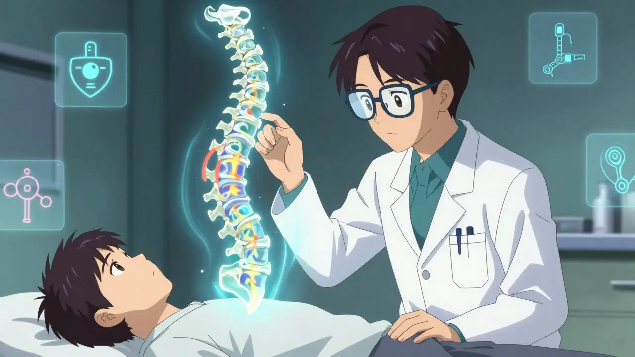 Doctor examining glowing spine with visible nerve issues