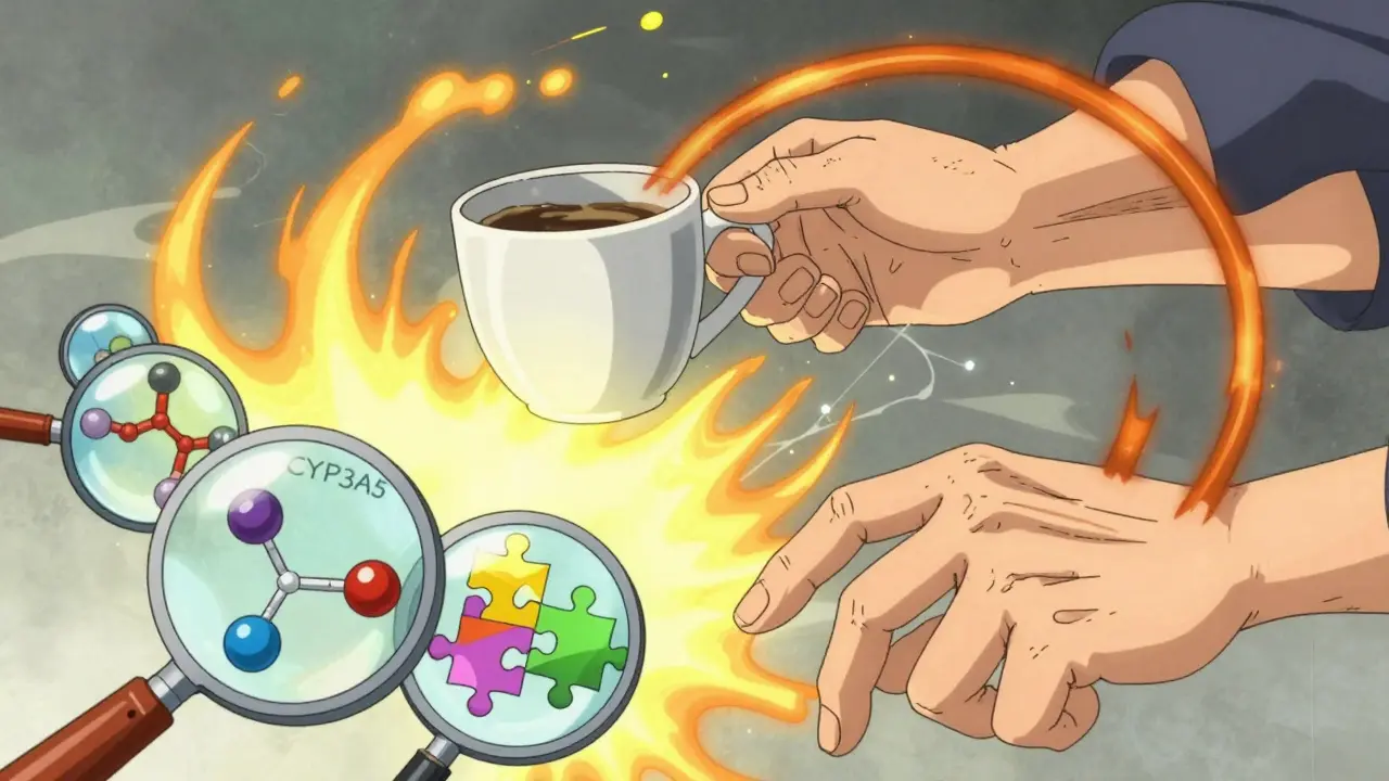 Exaggerated anime hands shaking violently spilling coffee, with floating enzyme diagrams in background.