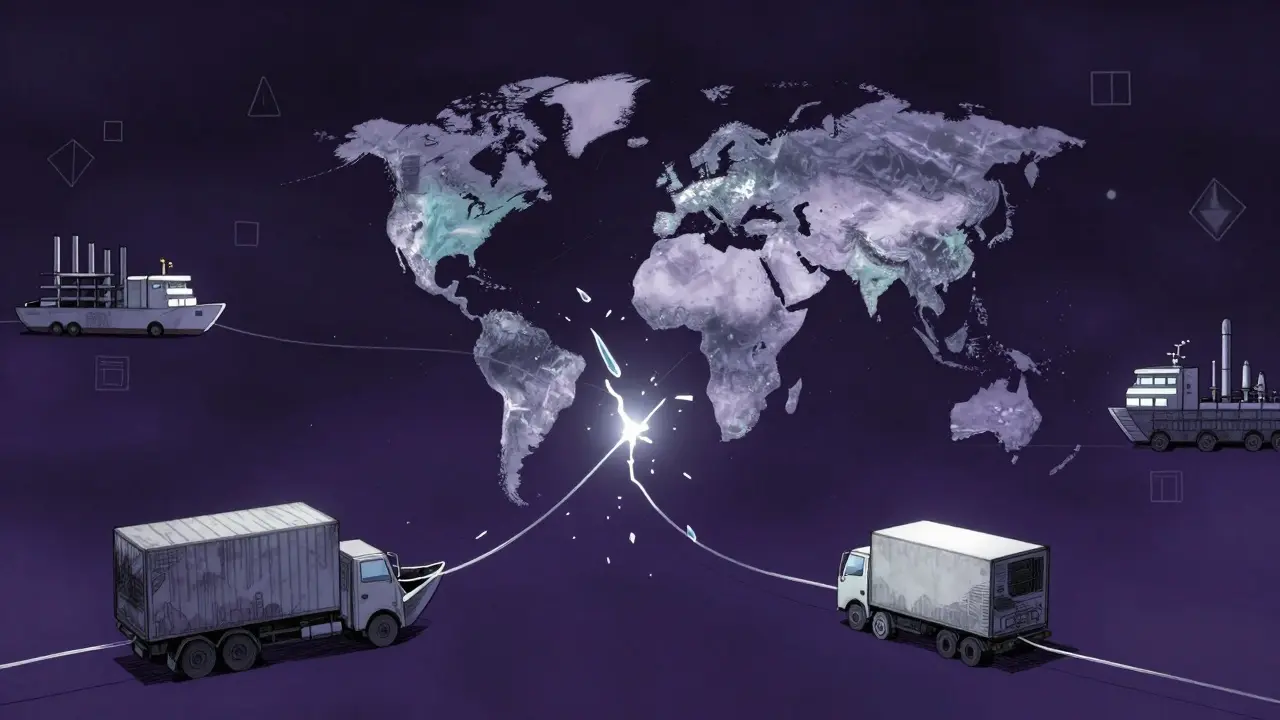 Fragile glass thread representing global drug supply chain breaking