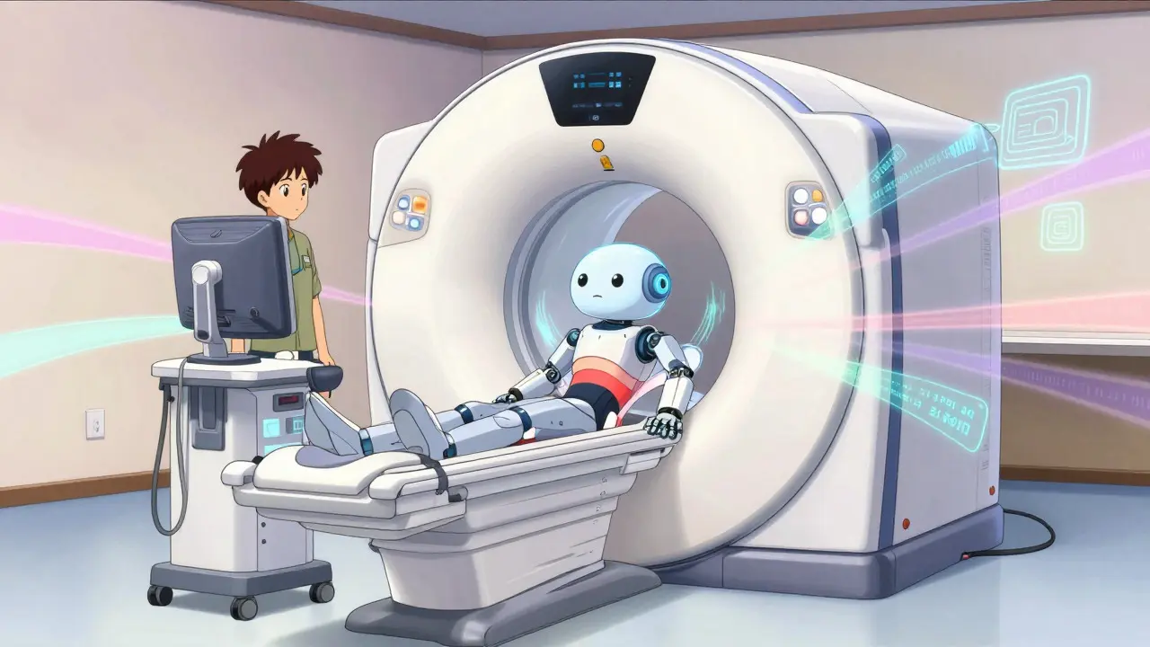 Futuristic MRI machine with flowing data streams