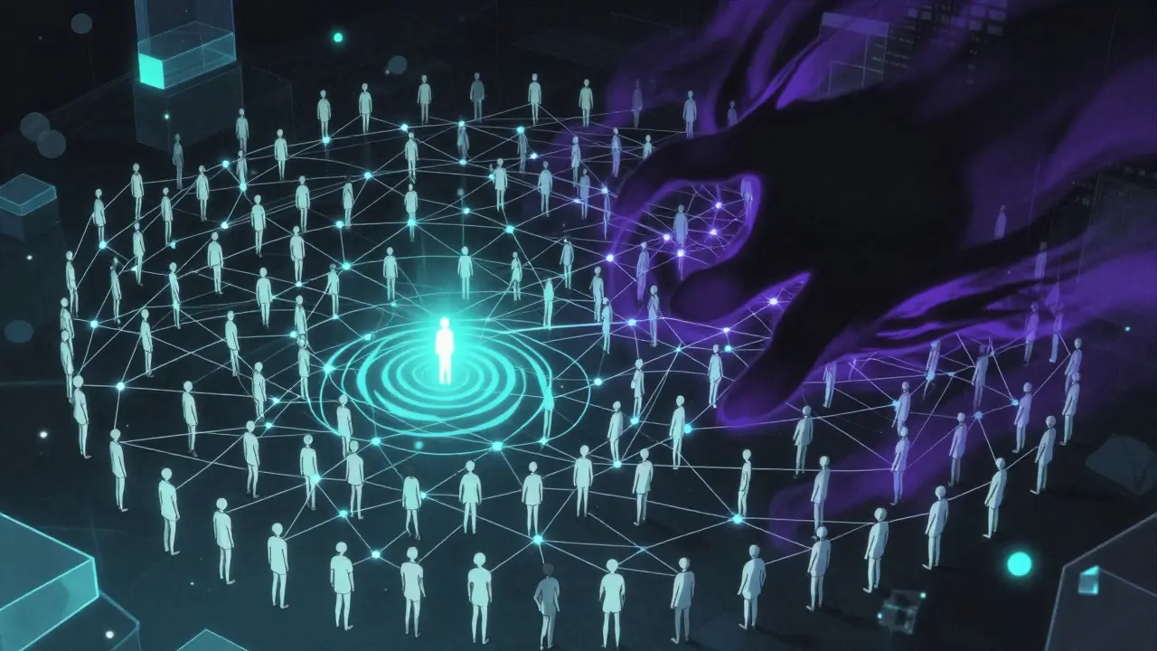 Glowing network of people connecting to reveal safety signals