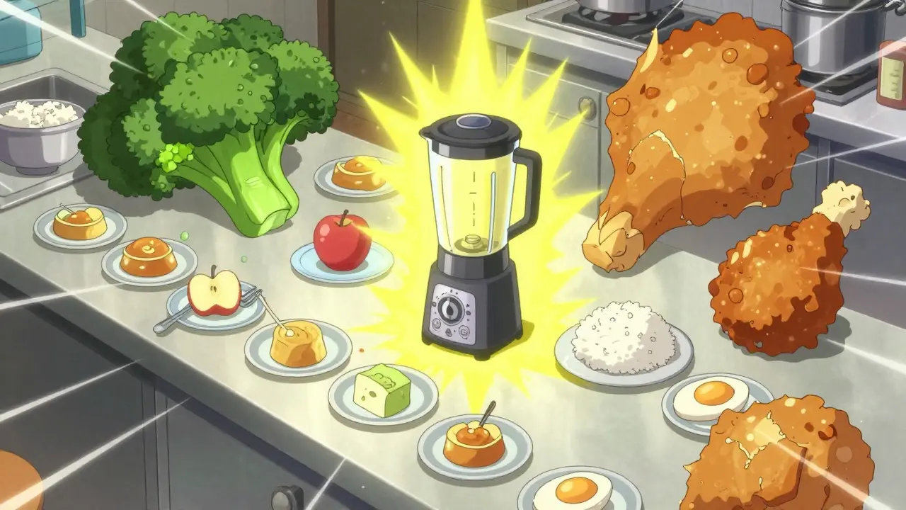 Kitchen scene showing safe gastroparesis foods and blender