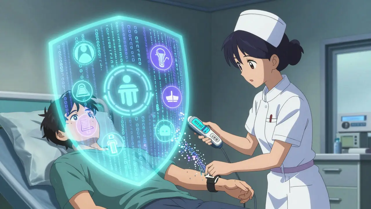 Nurse scanning barcode creating a digital safety shield over patient