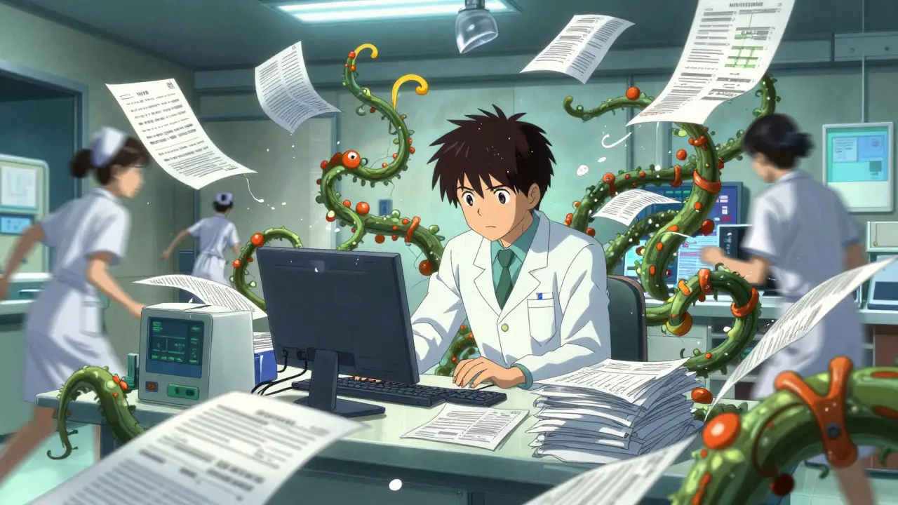 Overwhelmed pharmacist surrounded by swirling paper monsters