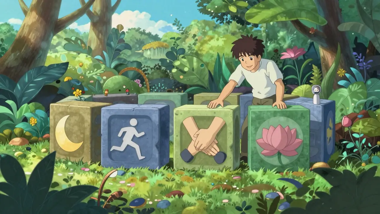 Person building a fortress of health habits like sleep and exercise in a garden.