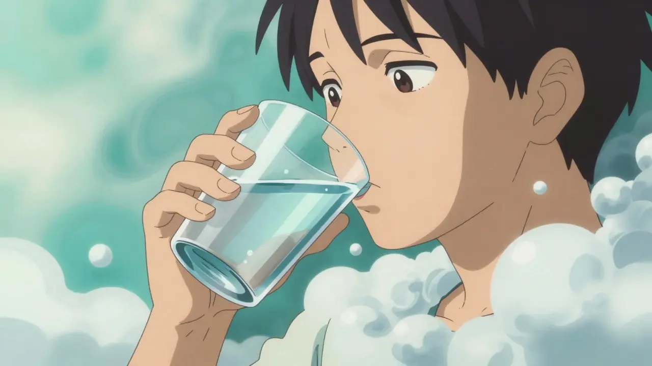 Person carefully sipping water to manage hydration