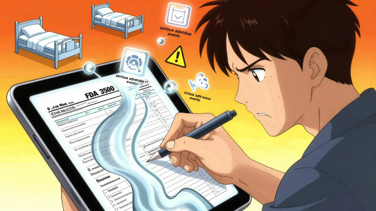 Person filling out digital report with abstract symbols turning to icons
