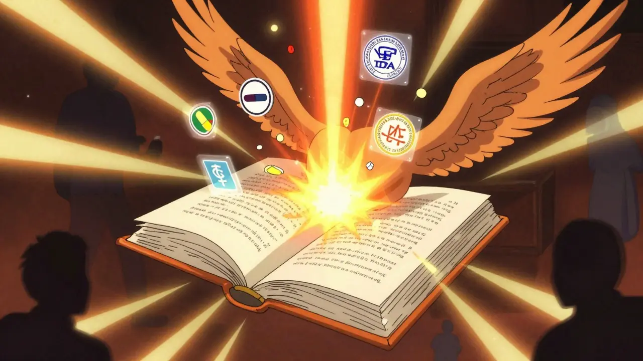 Stylized anime illustration of a floating orange book emitting holographic drug data