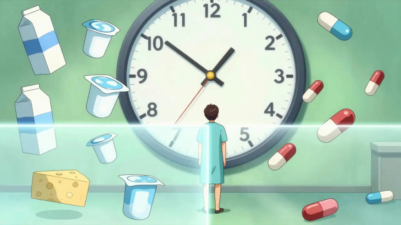 Stylized illustration showing the time gap needed between taking antibiotics and dairy.