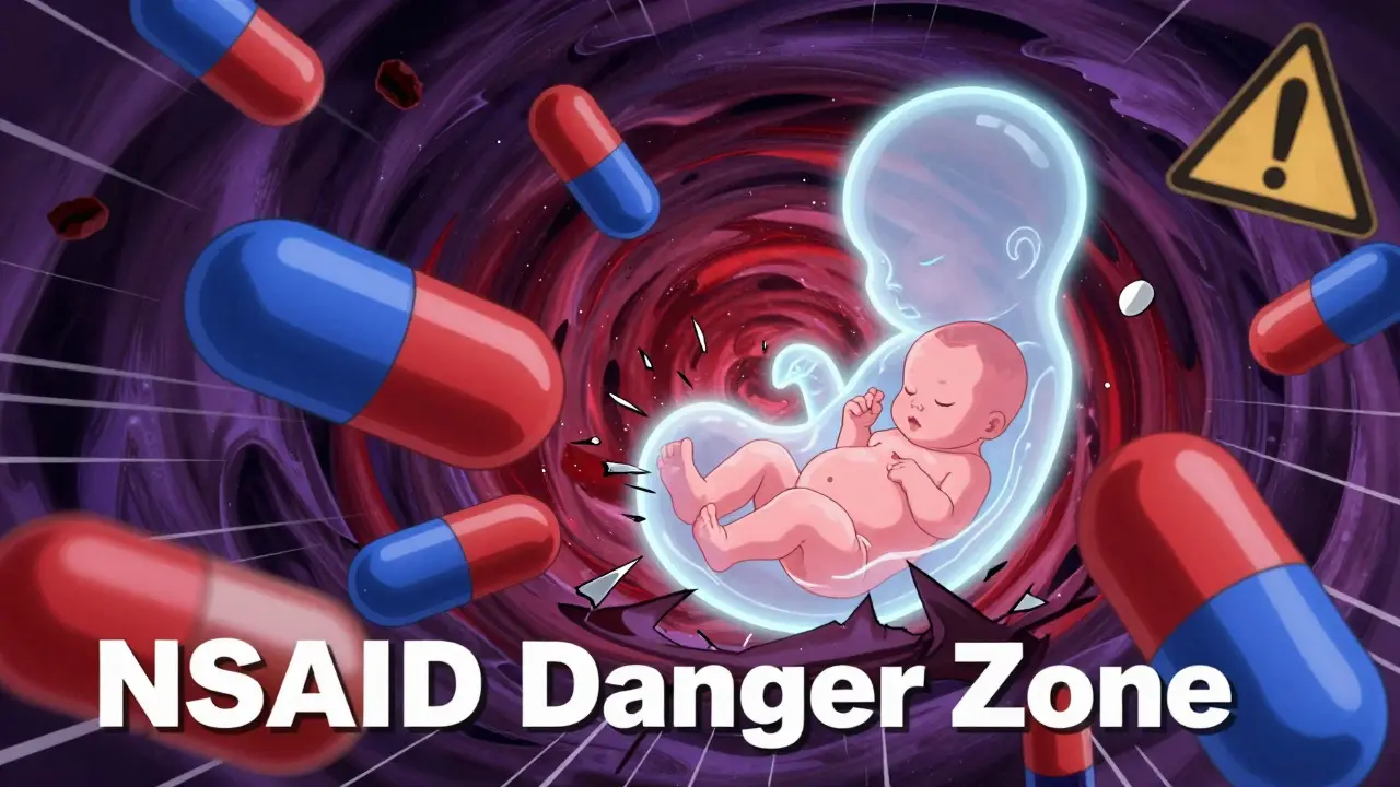 Surreal anime art showing dangerous NSAID pills threatening a fetal silhouette