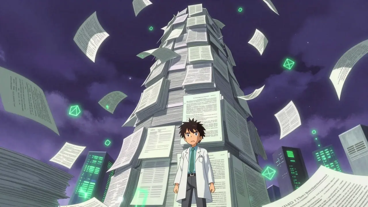 Surreal anime scene of a scientist facing a giant tower of regulatory documents