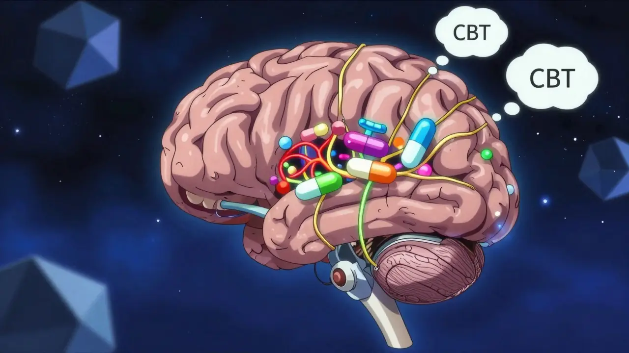 Surreal brain with glowing neural pathways being repaired by therapy and meds.