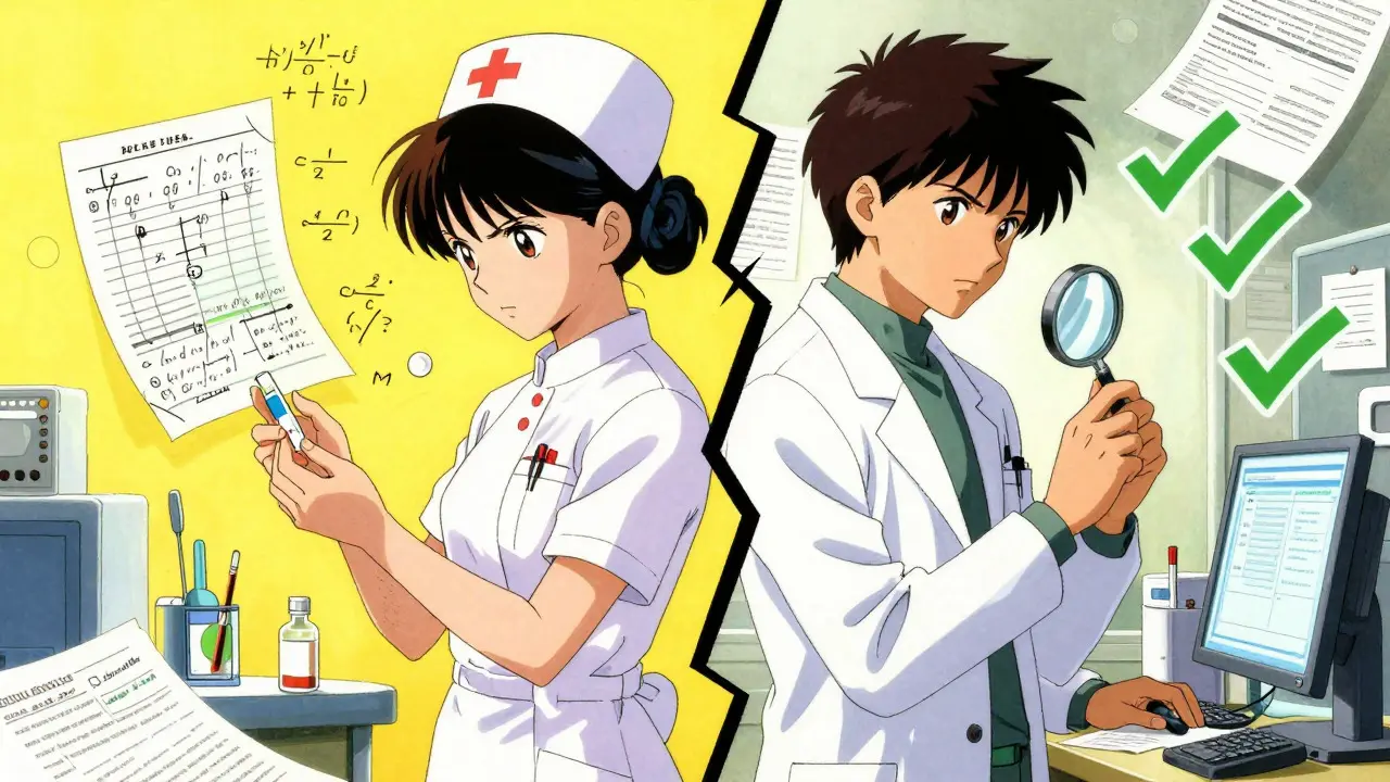 Two clinicians back-to-back verifying meds with floating math and checks