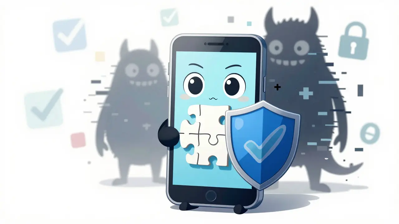 Whimsical phone character guarding against glitchy scam monsters