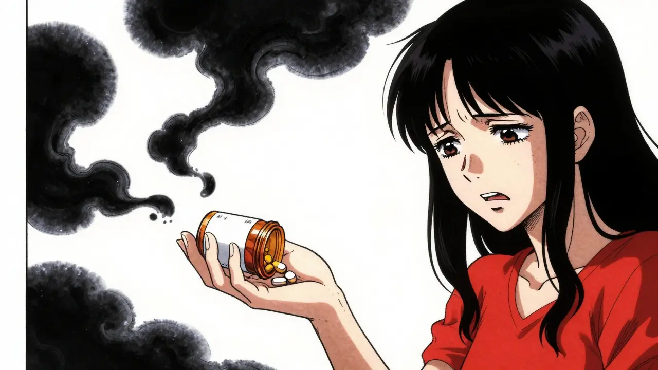 Woman distressed by dissolving medication bottle
