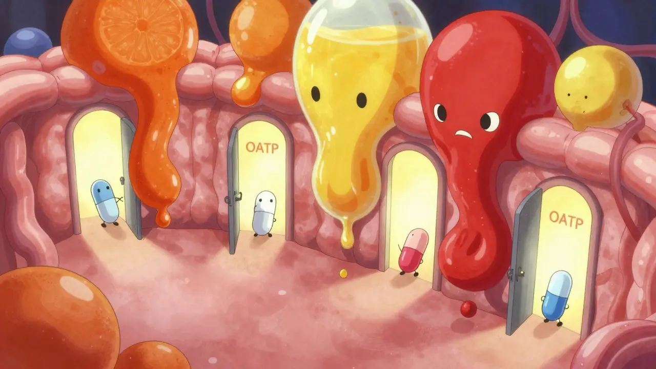 Abstract anime view of juice blocking drug absorption in gut