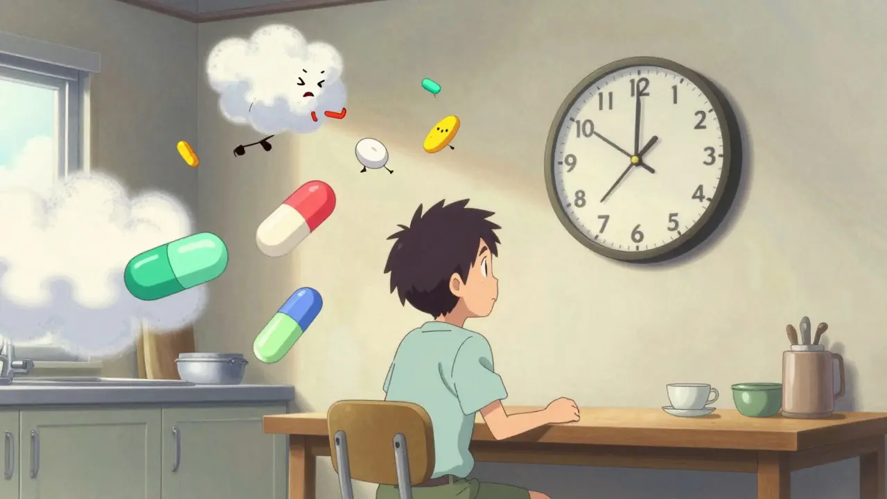 Anime character surrounded by floating meds and fiber clouds near a clock.