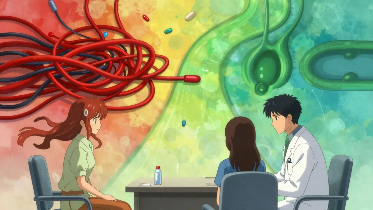 Anime comparison of blocked vs open urinary pathways during a medical consultation