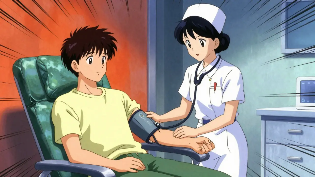 Anime style drawing of a nurse checking a patient's blood pressure with warm background tones
