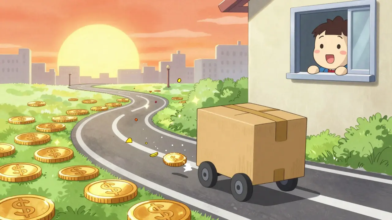 Cute animated package rolling down a path of gold coins toward a house