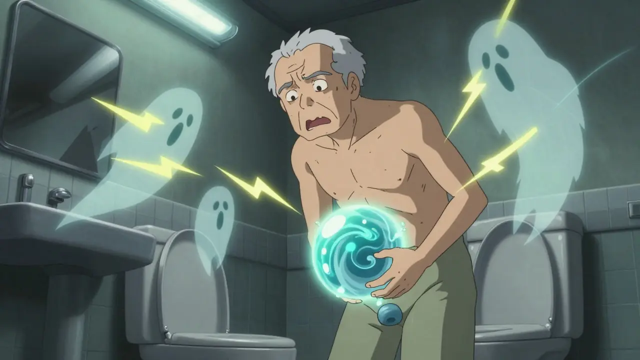 Distressed elderly man in anime style experiencing acute urinary retention in a bathroom