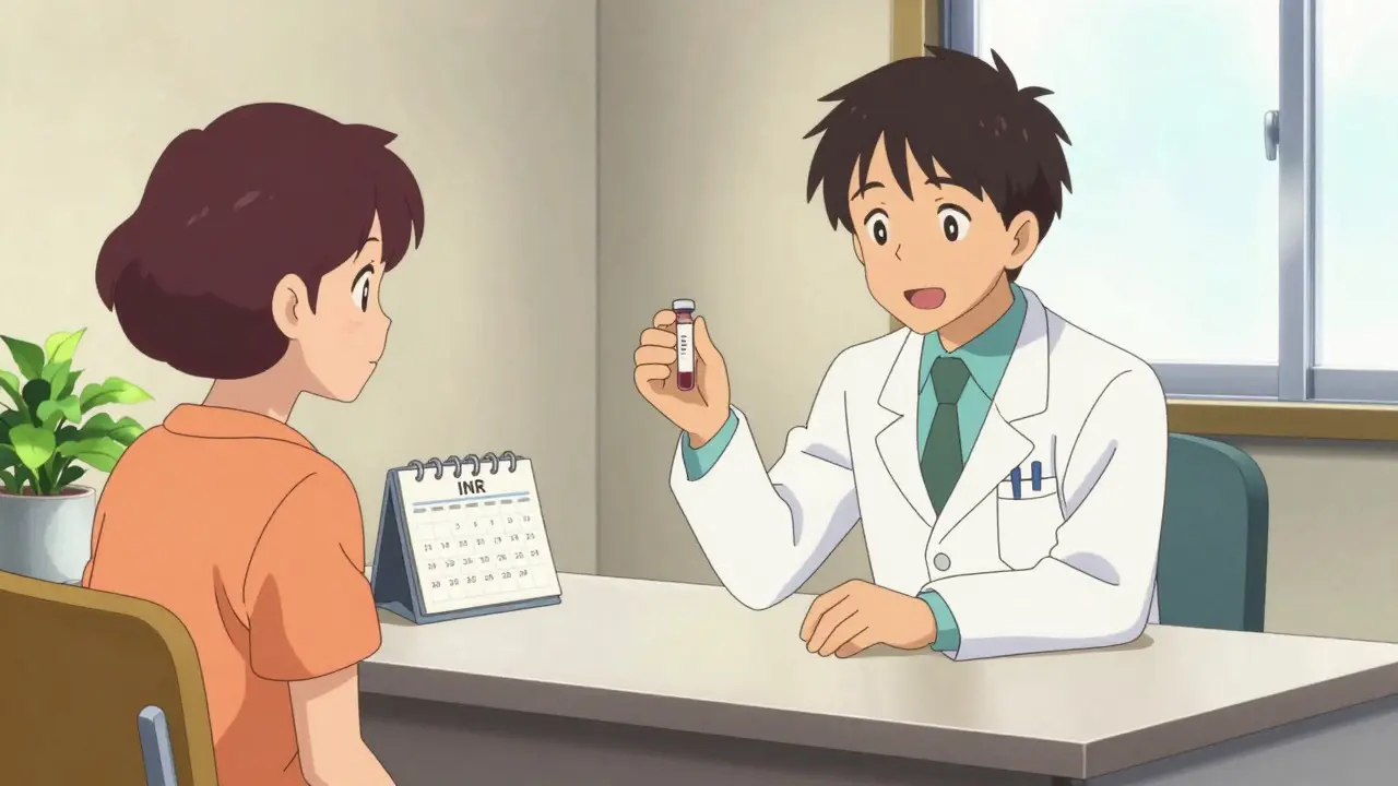 Doctor explaining blood tests to a patient in a calm, warm-toned office setting
