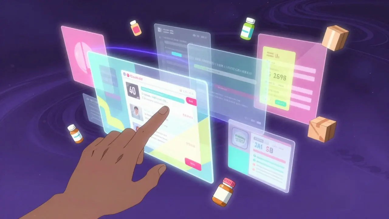Hand interacting with glowing digital pharmacy interfaces in a surreal abstract space