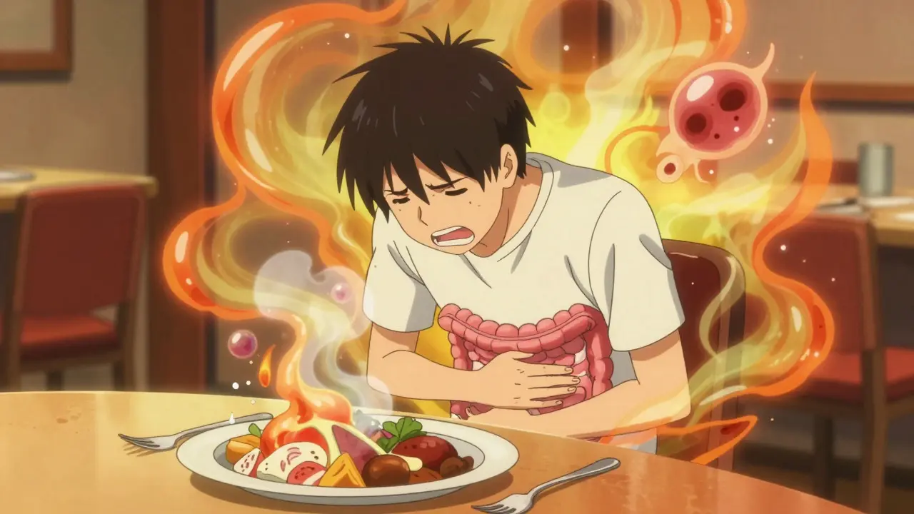 Illustration of a person suffering from stomach pain and bloating at a dining table