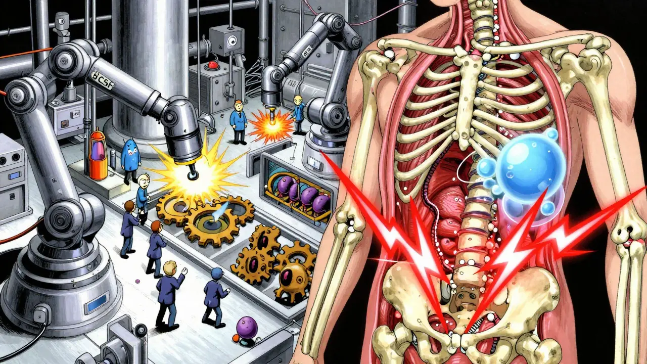 Manga illustration of bone marrow factory producing white blood cells with pain relief