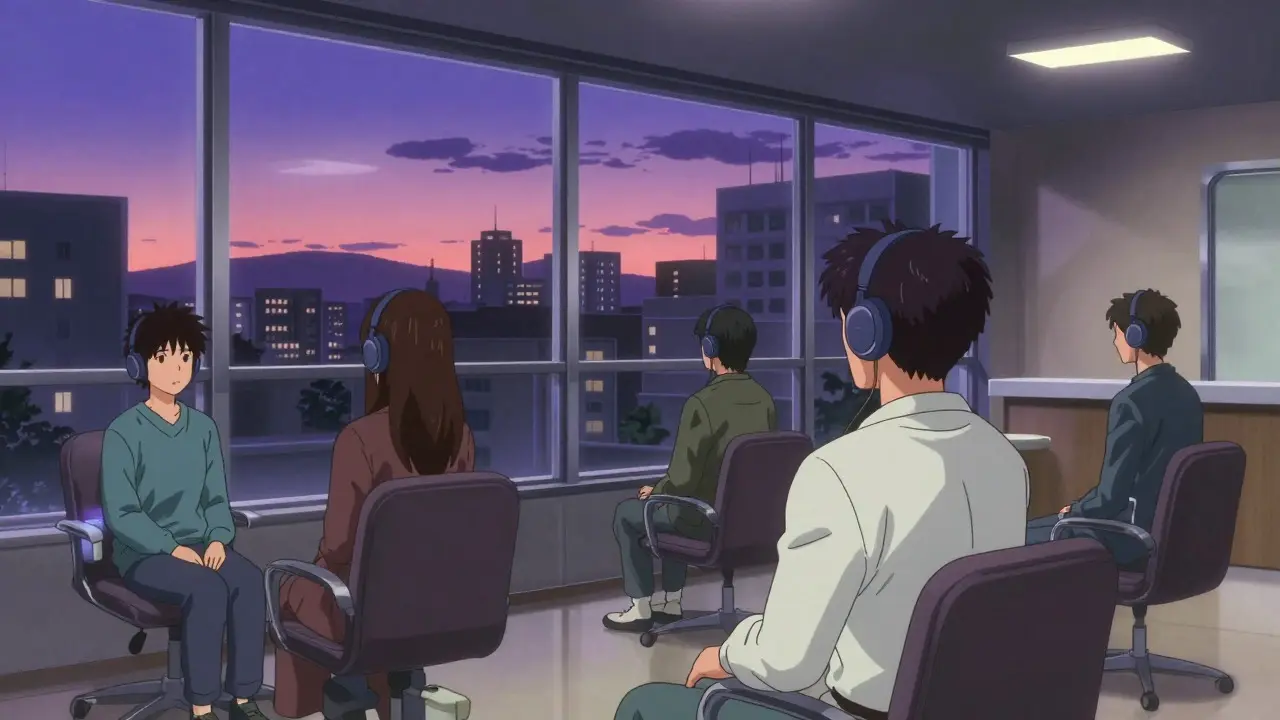 Manga style view of a modern clinic waiting room at dusk with relaxed patients