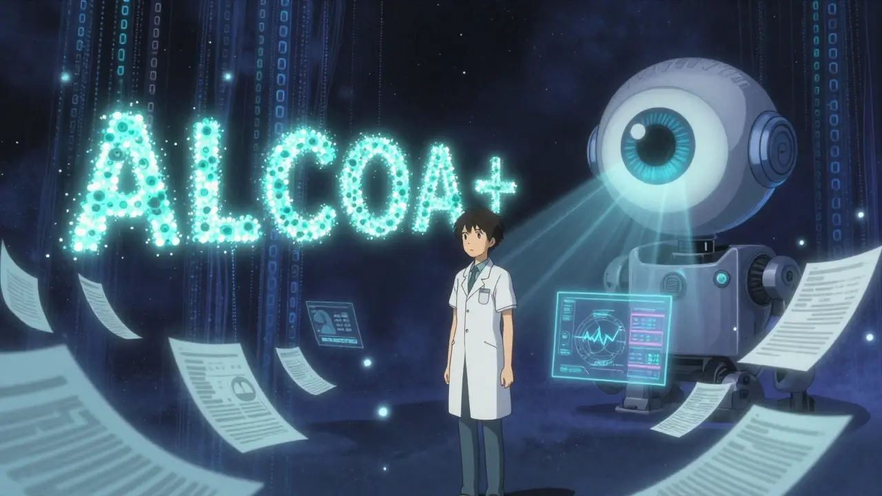 Officer surrounded by glowing ALCOA+ data particles and a robotic AI eye in space.