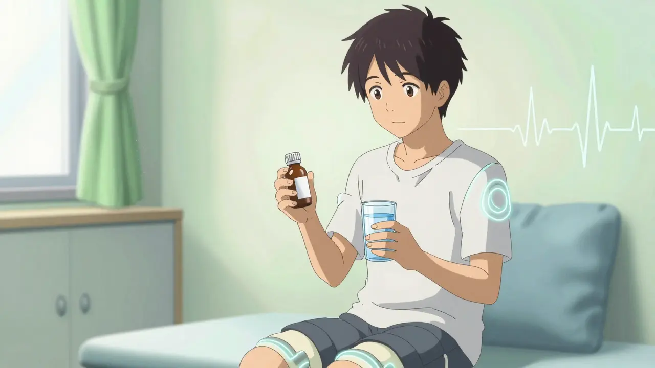 Person wearing compression garments and taking medication in a calm, stable setting