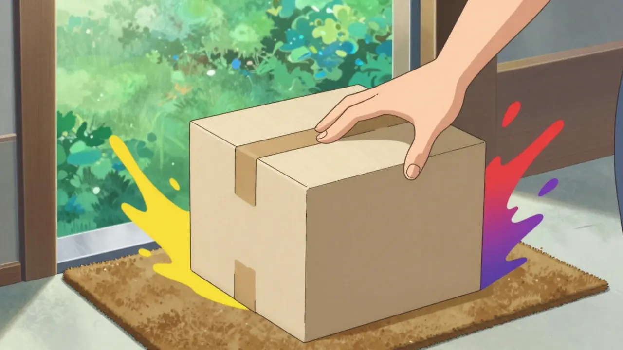 Plain medication package box being received at a doorstep