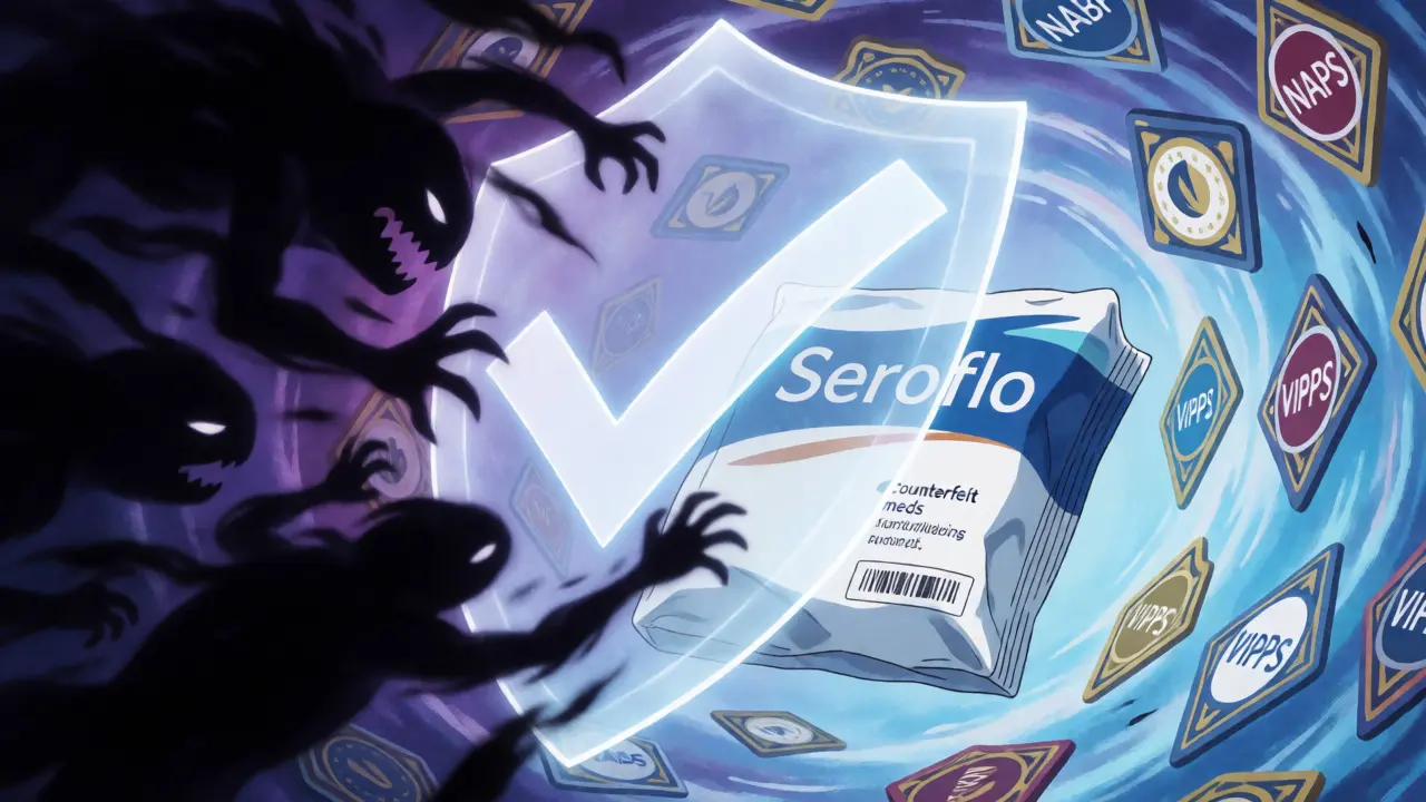 Shield protecting medication from counterfeit threats with certification symbols.