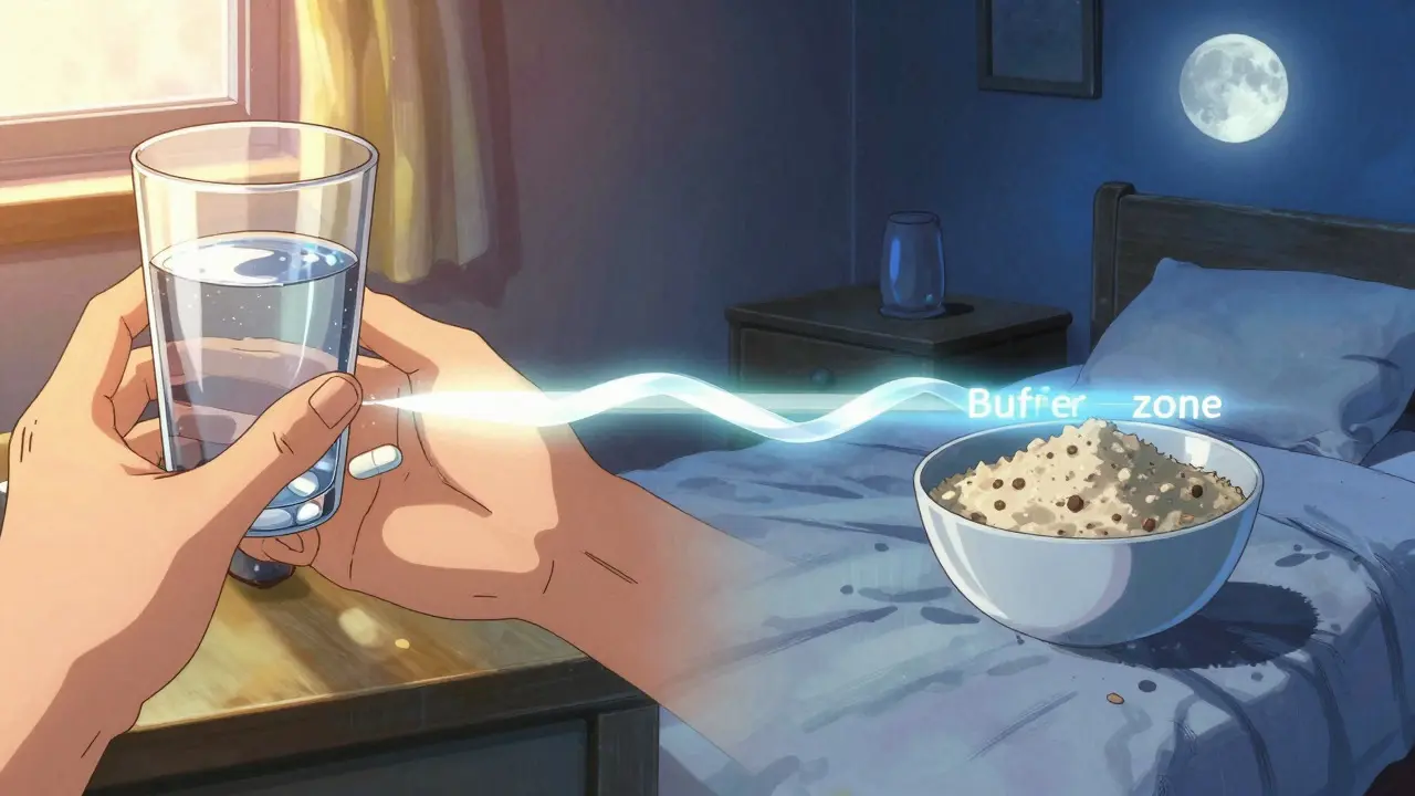 Split anime scene showing morning meds and evening fiber with time gap.