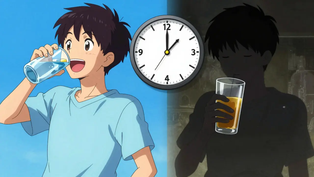 Split scene showing water vs juice effect on allergy meds