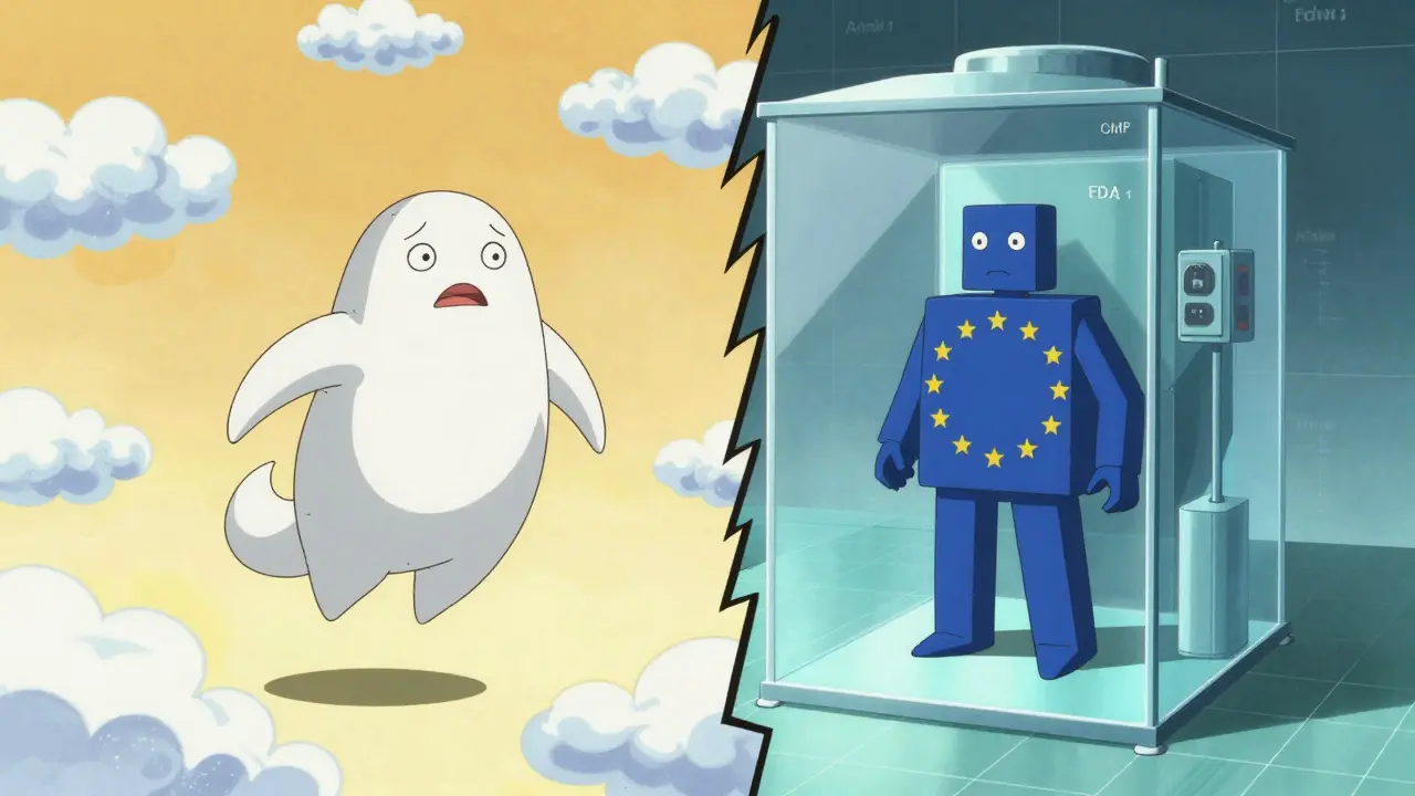 Split screen showing flexible vs rigid regulatory figures in contrasting artistic styles.