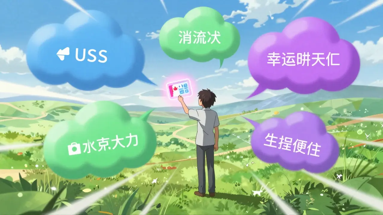 Stylized anime figure choosing between colorful cloud-like pharmacy options