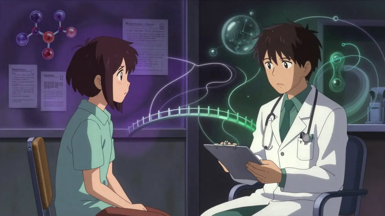 Stylized anime scene of doctor-patient discussion about medication choices