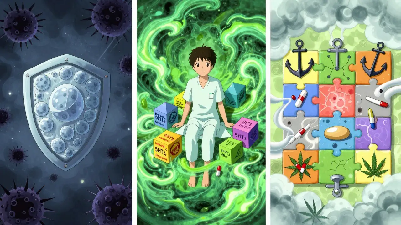 Stylized depiction of immune protection, nausea control, and pain management tools