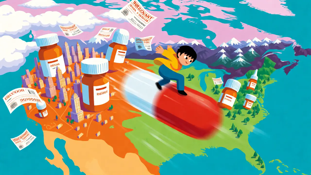 Character riding a pill capsule across a stylized US-Canada map.