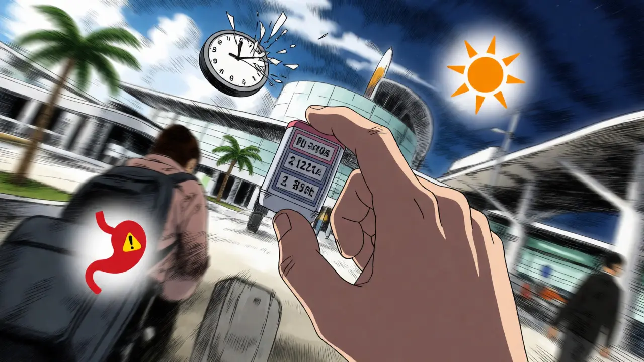 Hand grabbing pill organizer amidst chaotic travel and health icons
